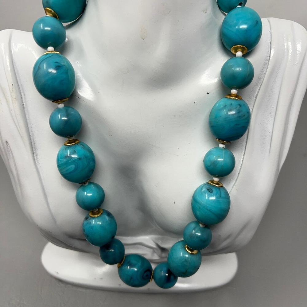 Vintage Blue Marbled Bead‎ Necklace Gold Tone Caps and Clasp